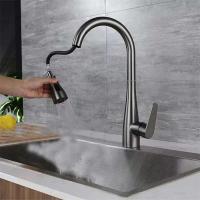 Grifo de fregadero de cascada negro gris extraíble grifo de cocina mezclador de agua giratorio de un solo orificio - details 2