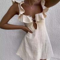 Verano ahueca hacia fuera el botón volantes corto sexy cuello en V sin mangas color sólido nueva vacaciones playa algodón en mini vestido - details 3