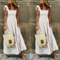 Vestido largo elegante a cuadros para mujer, vestido largo sin tirantes con volantes y espalda descubierta, plisado, cintura elástica, bohemio, para fiesta, holgado - details 5
