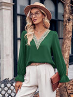 Blusa de retazos de encaje hueco para mujer, elegante camisa de manga larga para oficina, Tops elegantes sólidos sueltos, ropa de moda de otoño - details 17