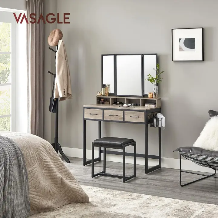 VASAGLE tocador con Espejo Plegable de 3 Piezas, Soporte para secador de Pelo, Mesa cosmética con Taburete Acolchado, 3 cajones, diseño Industrial, Greige y Negro - 1