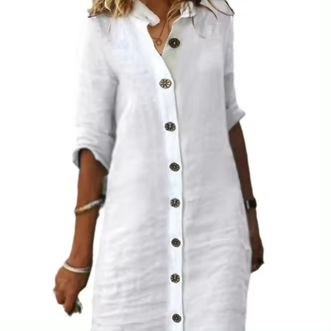 Blusa holgada de lino y algodón de 4 colores para mujer, vestido de verano para mujer con cuello vuelto y botones, blusa holgada lisa de manga larga - 1