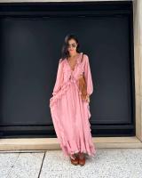 Vestidos elegantes lisos de encaje con múltiples unces, vestidos elegantes holgados con cuello de pico, batas de manga larga para mujer nueva, vestido de vacaciones para ir al trabajo de verano 2025 - details 5
