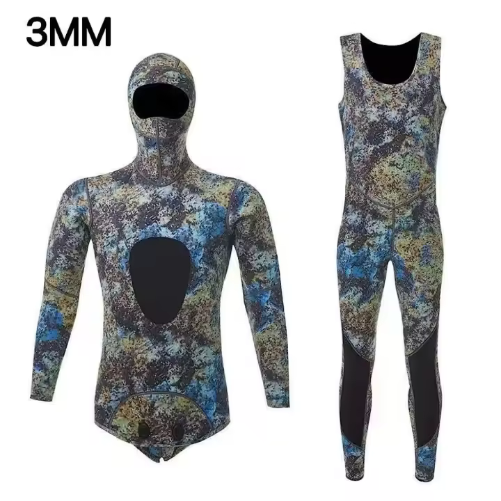 Traje de neopreno de camuflaje de 3mm con capucha de fisión de manga larga 2 piezas de neopreno sumergible para hombres traje de buceo impermeable que mantiene el calor - 1