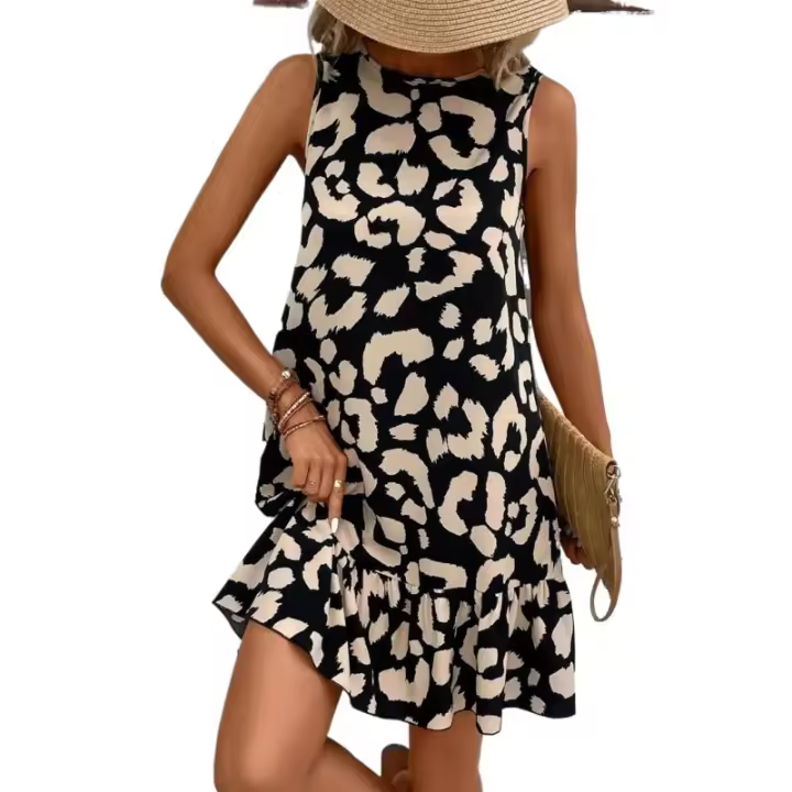 BUNO-Vestido corto informal sin mangas para mujer, ajustado con estampado de leopardo minivestido, estilo veraniego. - 1
