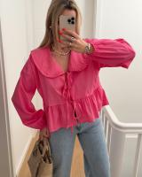 Camisa informal lisa con cordones para mujer, blusa de oficina que combina con todo, cuello redondo, dobladillo con volantes - details 1