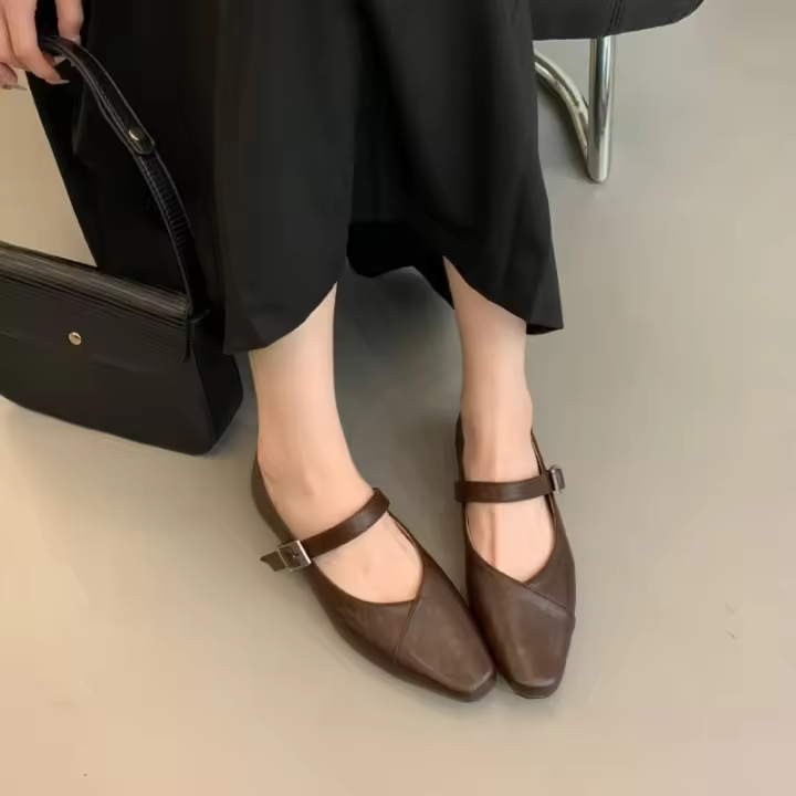 Francés retro hebilla de una palabra Mary Jane zapatos boca ligera cabeza cuadrada tacón grueso solo zapatos pequeños zapatos de cuero - 1