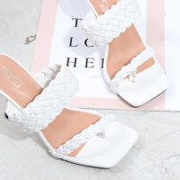 Tacones altos versátiles con punta cuadrada y tacón de aguja con tiras tejidas de una línea para pantuflas de gran tamaño. - details 10