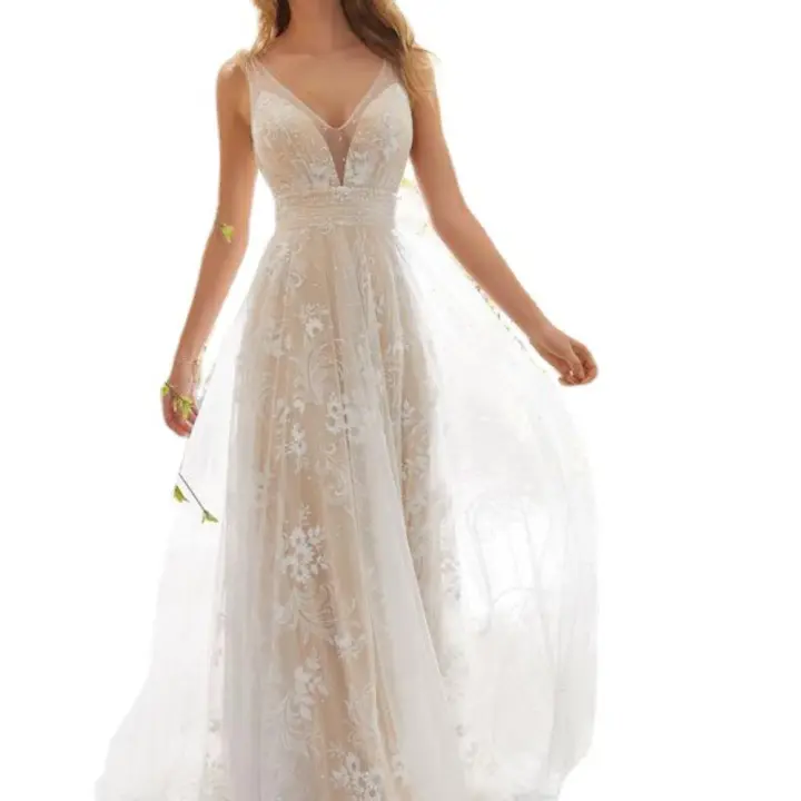 Vestido de novia de encaje con cuello en V sin mangas para mujer, vestido de noche - 1