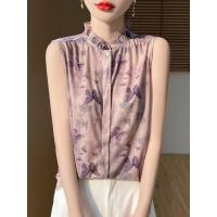 Camiseta sin mangas con cuello con volantes y estampado de tela de punto para mujer, camiseta sin mangas estilo camisa, camisetas finas y frescas suaves para verano, camisola sin mangas - details 2