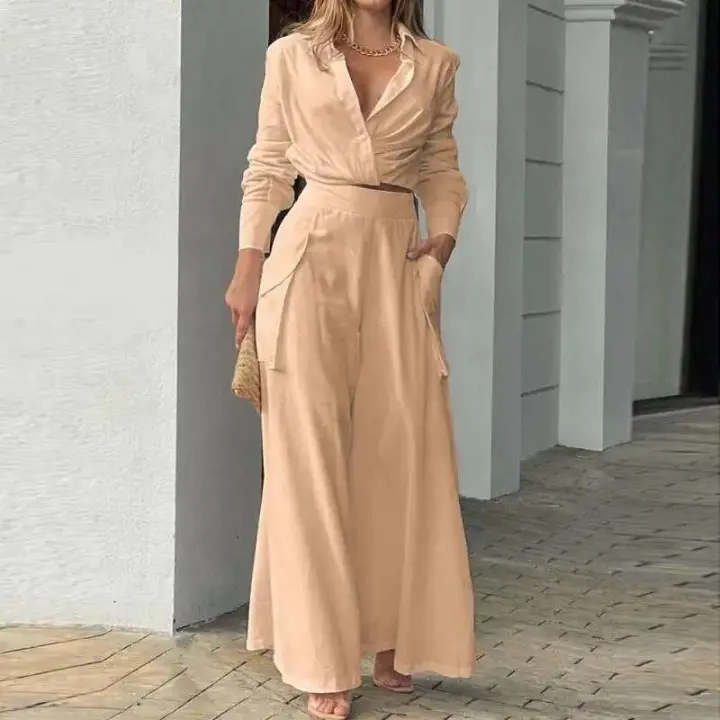 Conjunto Casual de Dos Piezas para Mujer Otoño 2023 Camisas de Manga Larga con Cuello en V - 1