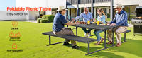 SucceBuy Mesa de picnic plegable de 6 pies con bancos, juego de comedor de acero para exteriores con orificio para sombrilla, mesa espaciosa para patio, jardín, patio o piscina (negro) - details 0