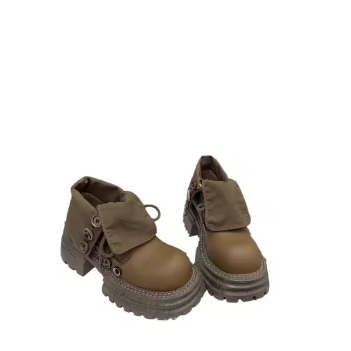 Botas Martin de cabeza grande de cuero europeo para mujer, nueva solapa retro, dos botones de desgaste, botas muffin amarillas grandes de suela gruesa, botas de herramientas - 1