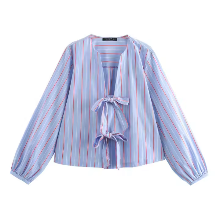 OUWU- Blusas A Rayas Con Cordones Para Mujer, Top Elegante Con Cuello En V Y Manga Larga Con Lazo, Camisa Holgada De Calle Dulce, Novedad De Primavera Y Verano 2025 - 1