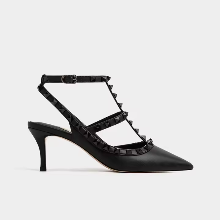 Tacones Altos con Tachuelas Verano 2025 Willow Tacón Fino Sandalias de Punta Negra con Tira de Dos Anillos de Cuero Charol Versátiles Zapatos Individuales. - 1