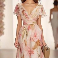 Vestido largo elegante de estilo bohemio con estampado Floral, cintura alta, fiesta con cuello en V, manga corta, cremallera, para primavera y verano - details 2