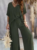 Conjunto de pantalones de pierna ancha holgados informales con manga de murciélago y cuello de 2025V para mujer - details 8