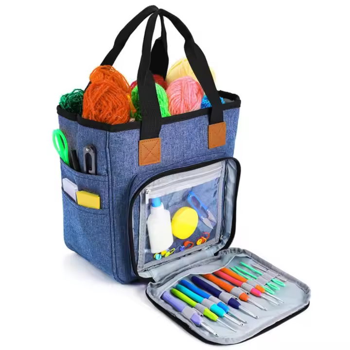 Bolsa de almacenamiento de herramientas de tejer con múltiples bolsillos, mango duradero, gran capacidad, bolsa para máquina de coser, bolsillo con cremallera, ranuras para bolígrafos - 1