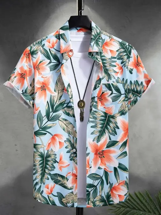 Camisa casual de manga corta con botones de albahaca rosa para hombre, playa con camisa estilo hawaiano - 1