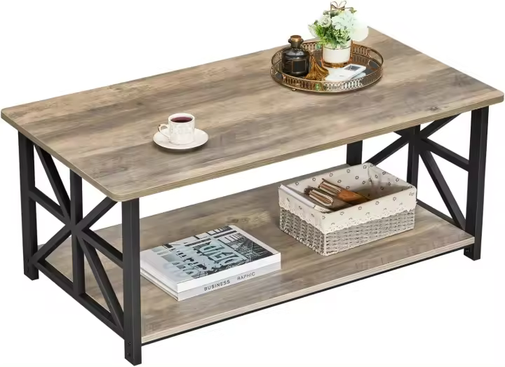 Mesa de centro con 2 estantes, 100 cm, mesa de café con redonda, tablero de estilo moderno en macro para la sala de estar, beige - 1