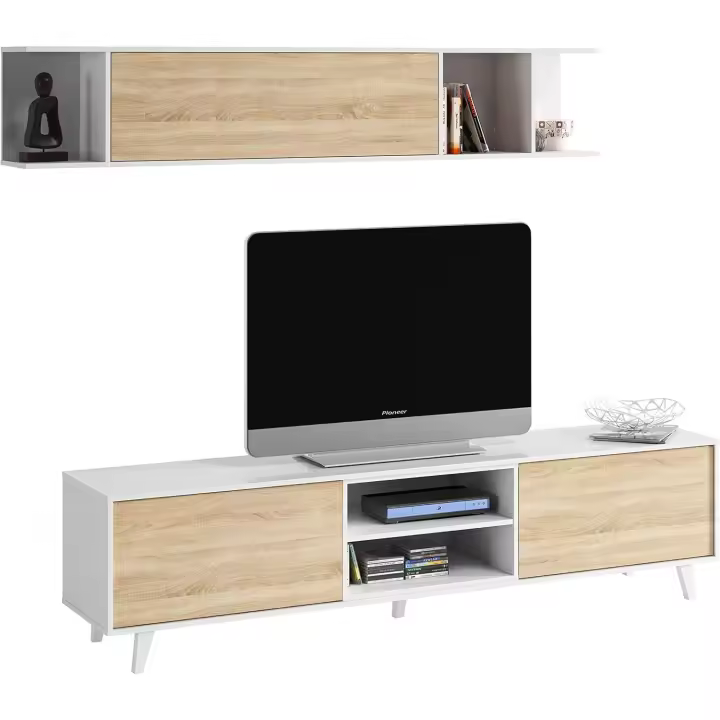 Módulo TV + Estante, Modelo Zaiken Plus, Color Blanco Brillo y Roble Canadiense, - 1