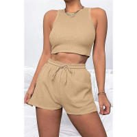 Conjunto de dos piezas de verano para mujer, chaleco sin mangas de color sólido con textura gofre y pantalones cortos casuales de moda. - details 45