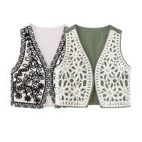 TRAFZA-Chaleco sin mangas Vintage para mujer, Tops elegantes, decoración con bordado de cordón, chaleco recortado con cuello en V abierto - details 1