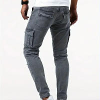 Jeans de Cargo de Denim Pantalones Casuales para Hombres de Cintura Media, Ajuste Delgado, Múltiples Bolsillos, Color Sólido - details 11