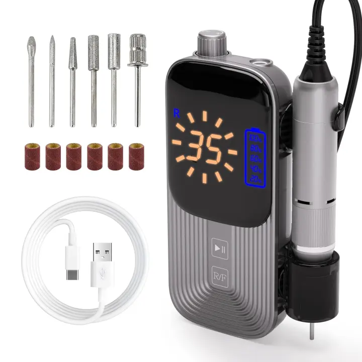 Taladro eléctrico profesional para uñas, máquina portátil recargable con 6 brocas y bandas de lijado, 35000RPM - 1