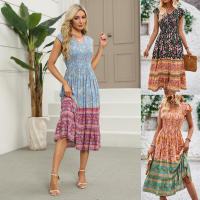 Vestido de verano con estampado bohemio, estilo de vacaciones, cuello en V, manga acampanada, moda para mujer - details 0