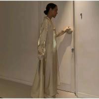 Vestido informal suelto para mujer, cuello en V, hombrera, manga larga, bata con ventilación para mujer, primavera 2025, nueva moda, vestidos rectos elegantes para mujer - details 4