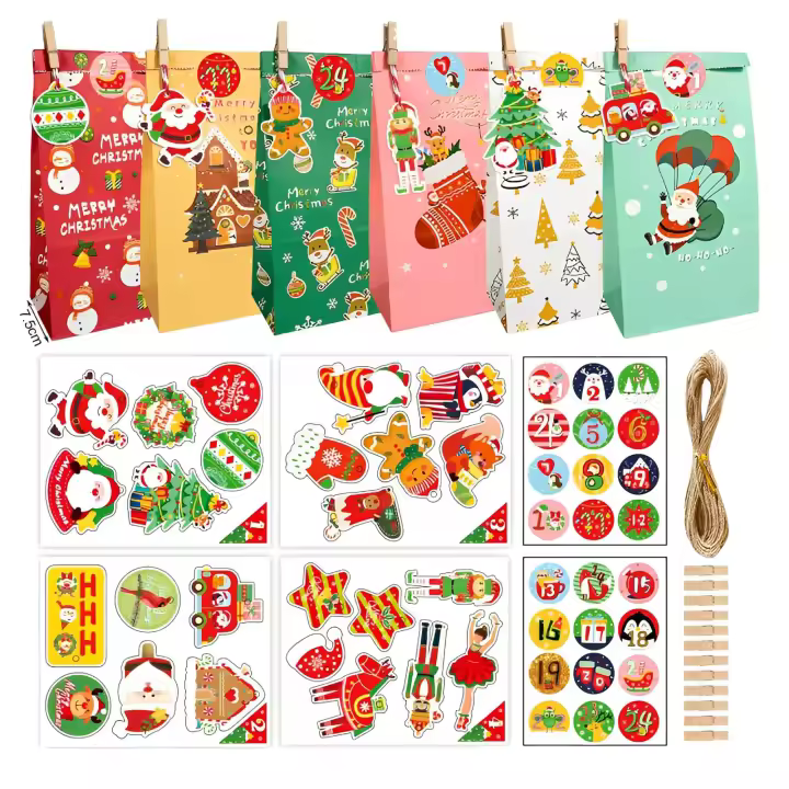 Calendario de Adviento para rellenar , con 24 bolsas y pegatinas de números, clips, cordel - 1