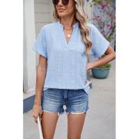 BUNO-2025 Blusas informales para mujer, camisas holgadas de manga corta con cuello de pico de Jacquard bordado a la moda, Tops elegantes de colores sólidos para verano - details 2