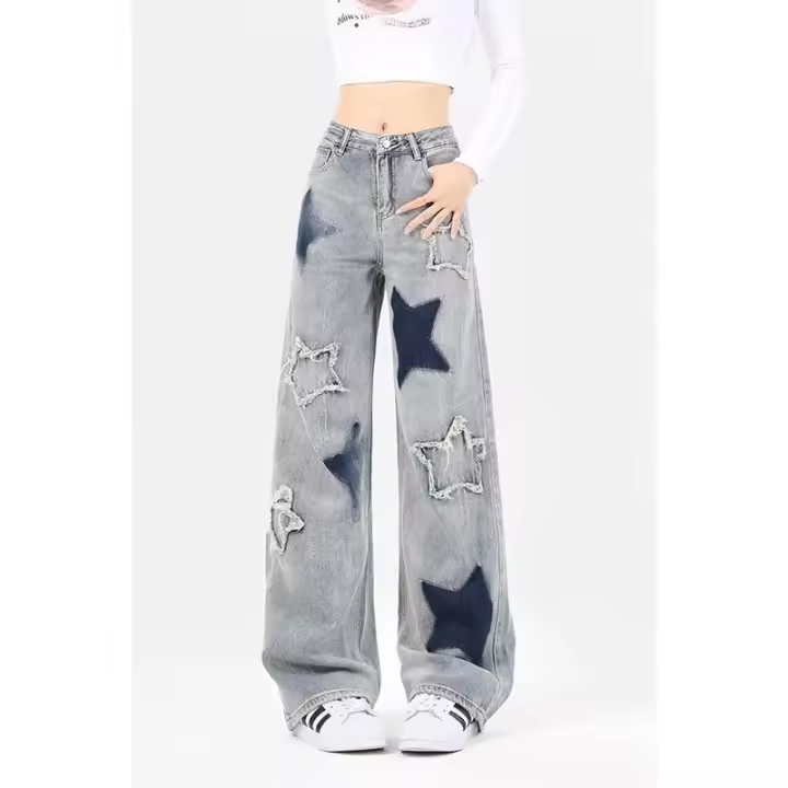 Vaqueros Retro Americanos de Cinco Puntos Pantalones Holgados de Pierna Ancha para Mujer - 1