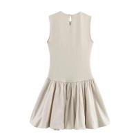 BUNO-Mini vestido de retazos de moda para mujer, cuello redondo, sin mangas, dobladillo abullonado, vestidos para mujer - details 7