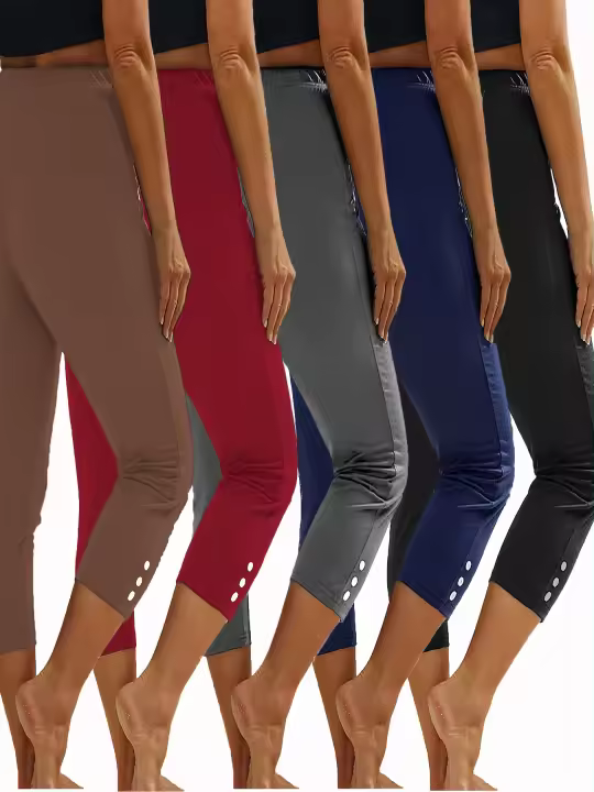 5pcs Leggings Capri de Talla Grande para Mujer - Alta Elasticidad, Color Sólido con Detalle de Botón, Perfectos para Yoga y Correr - 1