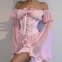 Mini vestido de gasa de hada rosa para mujer, corsé elegante con venta, vestido de verano de dama de honor con cuello con cuentas y manga larga vintage, - details 6
