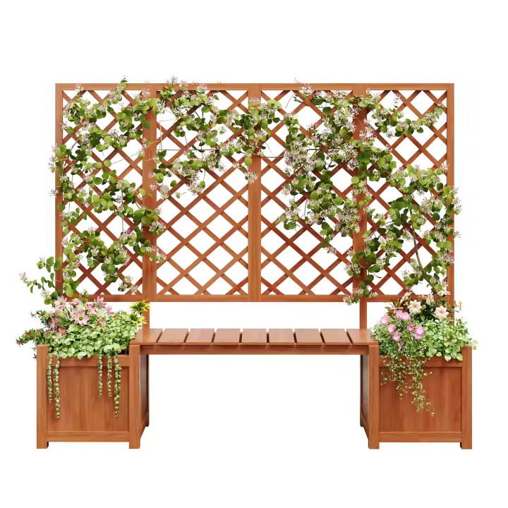 Jardinera, jardinera con espaldera como ayuda para trepar, jardinera con mucho espacio, jardinera jardinera, abeto de madera maciza marrón, jardinera con espaldera y asiento para jardín patio terraza - 1