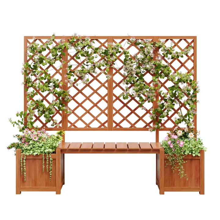 Jardinera, jardinera con espaldera como ayuda para trepar, jardinera con mucho espacio, jardinera jardinera, abeto de madera maciza marrón, jardinera con espaldera y asiento para jardín patio terraza - 1