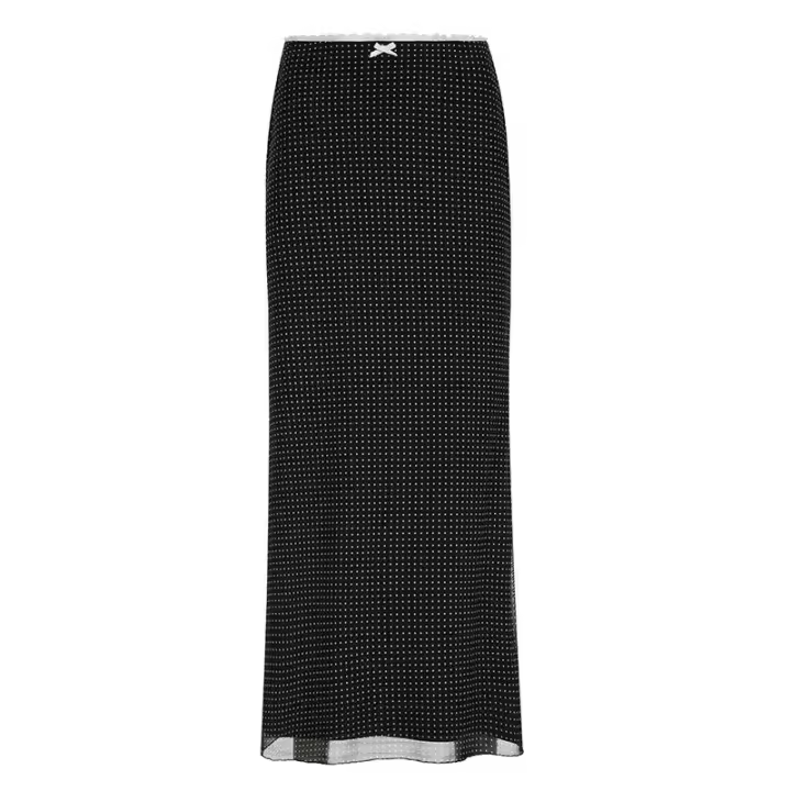 BUNO-Falda larga con estampado de lunares para mujer, traje elegante de cintura baja, malla de retazos, detalle de lazo, ropa de calle - 1