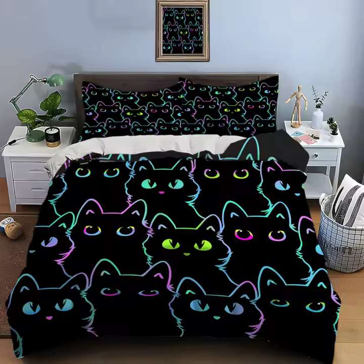 Juego de Ropa de Cama de Gato Negro de Poliéster Cubierta de Edredón, Fundas de Almohada para Adultos y Niños Juego de Ropa de Cama de Lujo - 1
