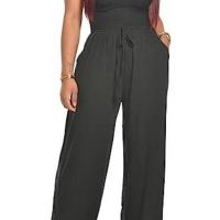 Mono ahumado de color sólido con hombros descubiertos, mono de pierna ancha sin tirantes para mujer con bolsillo - details 12