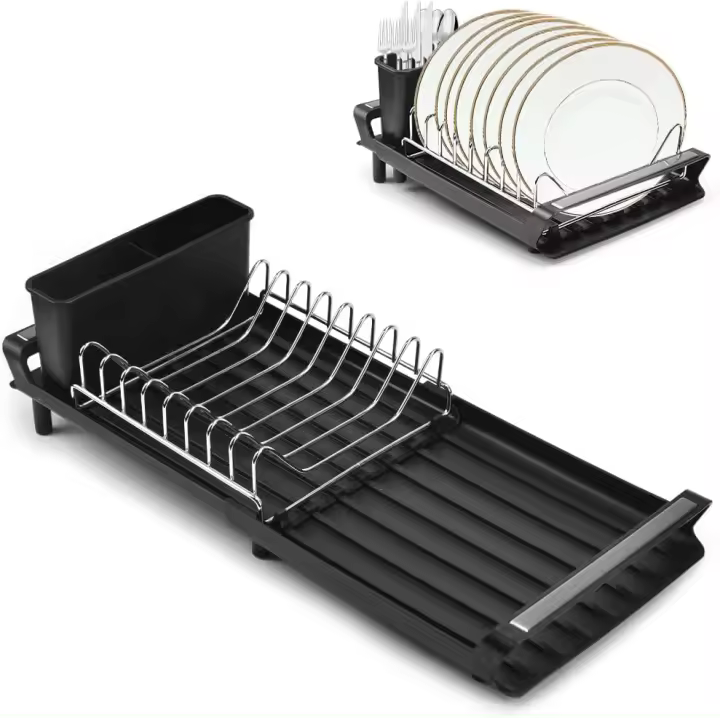 Escurridor de platos compacto, escurridor de platos expandible, escurridor de platos de acero inoxidable, escurridor de platos con tabla de drenaje extensible, escurridor de un solo nivel con soporte para cubiertos extraíble - 1