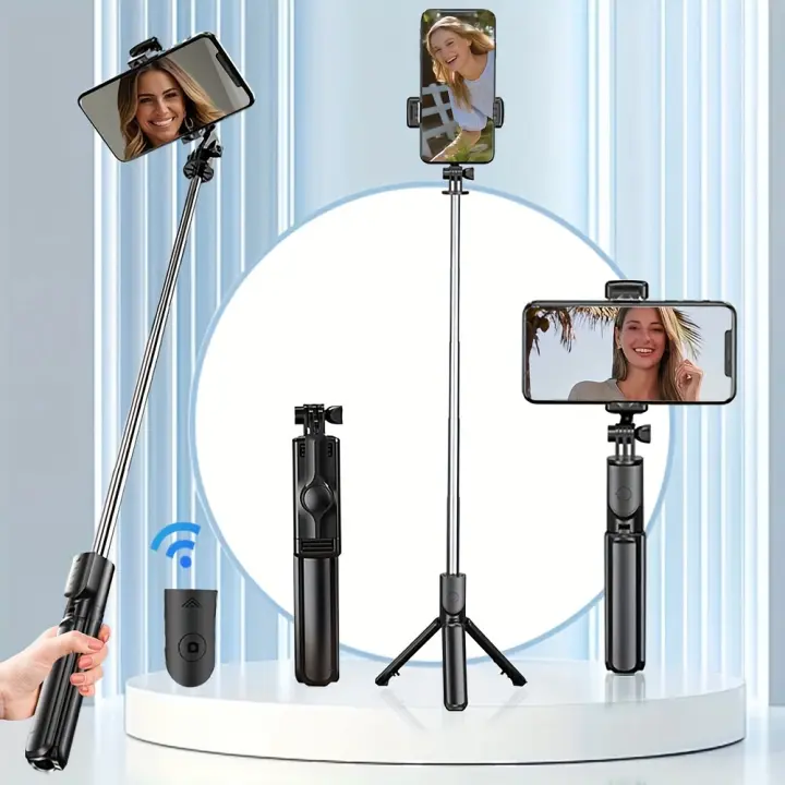 Trípode con palo selfie inalámbrico con control remoto desmontable, soporte extensible para grabación de video, fotografía y transmisión en vivo, monopié/bípode inalámbrico de plástico, funciona con baterías - Compatible con cámaras y teléfonos - 1