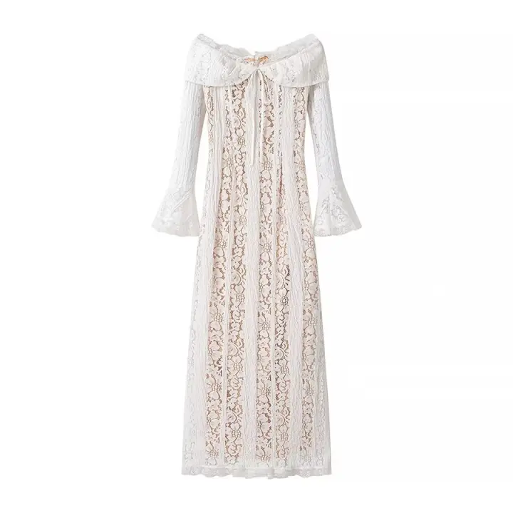 TRAFZA, vestido ajustado elegante para mujer, cuello de un hombro, encaje, manga larga, primavera, mujer, con cordones, decorar, elegante, vestidos largos con cremallera - 1
