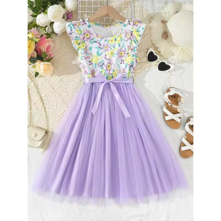 Ropa de verano, vestidos de malla floral sin mangas, moda pastoral, disfraz informal de estilo universitario para niña de 8 a 12 años - 1