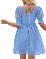 Vestido de verano de las mujeres 2023 Casual Flowy Beach Cuello cuadrado Linterna Manga corta Plisado Una línea Vestido Tie Mini vestido - details 7