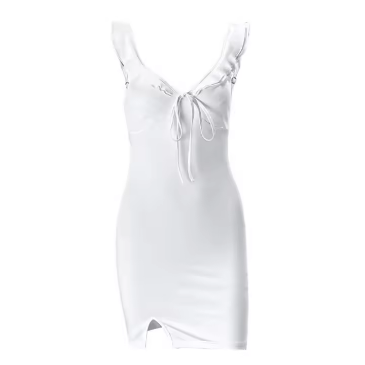 BUNO- moda mujer espalda descubierta sin mangas vestido con cuello en V elegante volante Split Mini verano 2024 ajustado fiesta Clubwear Vestidos sexis - 1