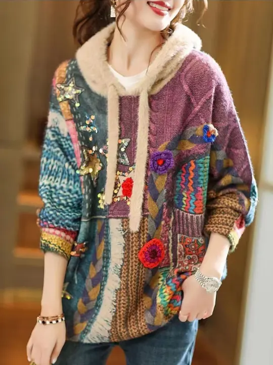 Suéteres de punto con estampado de lentejuelas para mujer, Jersey suelto de lujo con capucha, moda coreana, ocio cálido, invierno - 1