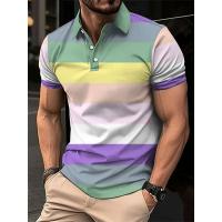 Polo a rayas de color con estampado 3D para hombre, camiseta informal con solapa de manga corta con patrón de árbol de coco, camiseta extragrande - details 14